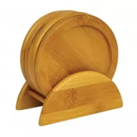 Toma fotográfica de set coasters bamboo promocional, ideal para personalización de marca.