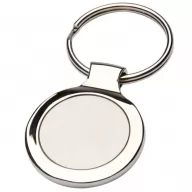 Toma fotográfica de llavero redondo sencillo plano promocional, ideal para personalización de marca.