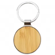 Toma fotográfica de llavero redondo bamboo promocional, ideal para personalización de marca.
