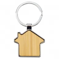 Toma fotográfica de llavero casa-bamboo promocional, ideal para personalización de marca.