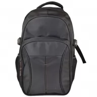 Imagen de backpacks promocionales ejecutivas en color negro de vista frontal con múltiples bolsillos con cierre, asa acolchada superior y bolsas laterales para personalización corporativa.