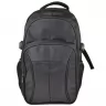 Imagen de backpacks promocionales ejecutivas en color negro de vista frontal con múltiples bolsillos con cierre, asa acolchada superior y bolsas laterales para personalización corporativa.