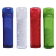 Toma fotográfica de pastillero cilíndrico promocional, ideal para personalización de marca.