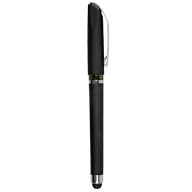 Bolígrafo negro con tapa, clip metálico y punta stylus para pantallas táctiles, ideal para bolígrafos promocionales empresariales