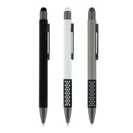 Bolígrafo disponible en colores negro, blanco y gris con agarre texturizado y punta stylus, ideal para bolígrafos promocionales corporativos
