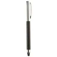Bolígrafo metálico plateado con empuñadura antideslizante texturizada y punta stylus, ideal para bolígrafos promocionales de negocios