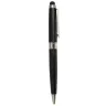Bolígrafo ejecutivo negro con ranuras de agarre, clip metálico plateado y punta stylus superior, ideal para bolígrafos promocionales corporativos