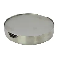 Set de posavasos metálicos redondos con soporte circular, ideal como material promocional para regalos corporativos y de oficina