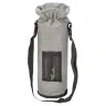 Bolsa porta botellas textil en color gris con correa ajustable y bolsa frontal, ideal como material promocional para regalos y eventos corporativos