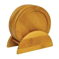 Toma fotográfica de set coasters bamboo promocional, ideal para personalización de marca.