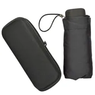 Paraguas plegable compacto en color negro con estuche rígido con cierre, práctico dentro de los utensilios para acampar y actividades al aire libre