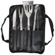Juego de accesorios metálicos para asador con espátula, pinzas, tenedor y cuchillo en estuche negro portátil, ideal como utensilios para acampar al aire libre