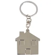 Llavero metálico con forma de casa y enganche giratorio, ideal para el sector inmobiliario y grabado de llaveros promocionales corporativos