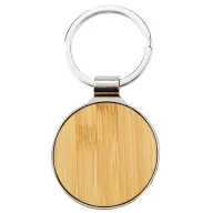 Llavero circular metálico con centro de madera de bambú listo para grabado, ideal para llaveros promocionales ecológicos