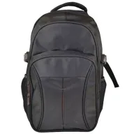 Toma visual de backpacks promocionales ejecutivas en color negro con asa acolchada, bolsas laterales de red y compartimentos frontales para personalización de marcas.